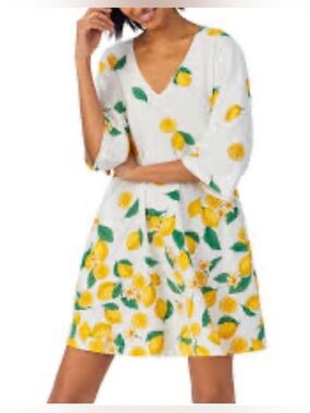 BedHead Sz XL White V-Neck Top with Yellow Lemon Print Seam Pockets NWOT